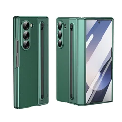 Plated Gold Armor Case with Hinge Bracket and Glass Front Film Cover for Galaxy Z Fold 5 (With Pen Green)