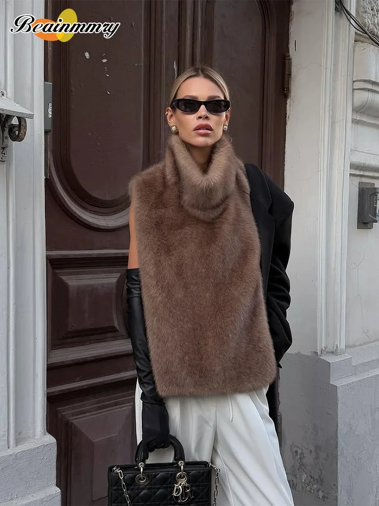 Women Solid Faux Fur Vest Crop Top Fashion Turtleneck Fluffy Short