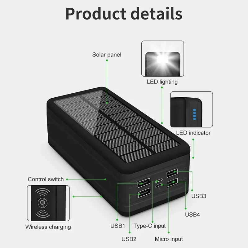 Solar Power Bank 100000mAh Solar Charging Mobile Phone Wireless Charging Large Capacity Battery External Battery Fast Charging