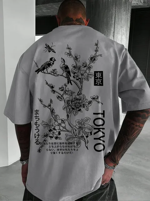 Men's casual flower and bird print breathable polyester round neck topsummer outdoor fashiondaily wear T-shirt 5