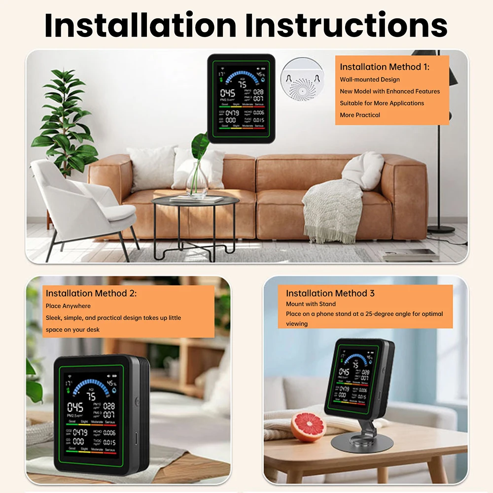 10 in 1 Air Quality Detector PM2.5 PM10 Particle Counter CO CO2 TVOC HCHO Temperature Humidity AQI Tester with Alarm