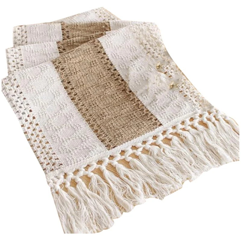 

Table Cloth, Cotton And Linen Splicing With Knotted Tassels, Table Flag, Holiday Wedding Decoration, Table Cloth Easy To Use