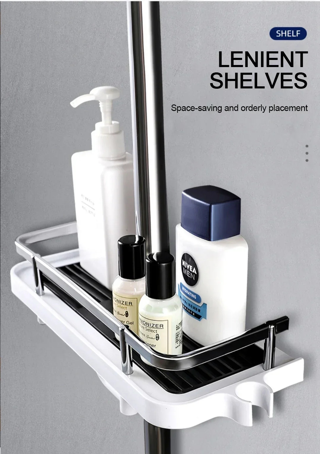 Description Picture 2 of itemShower Storage Holder Bathroom Shelf Pole Shelves Shampoo Tray Stand No Drilling Lifting Bathroom Shower Storage Rack Organizer