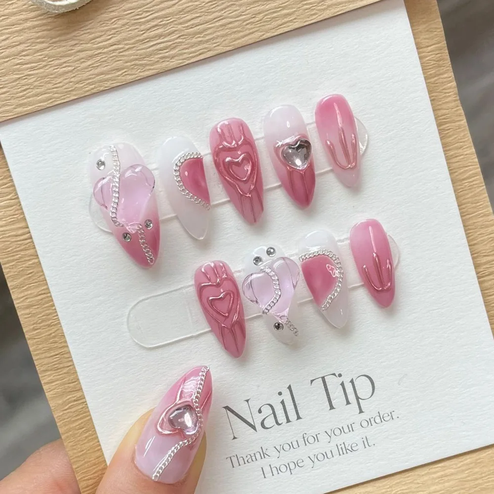 ネイルチップ,ピンク,ハンドメイド,接着剤付き,再利用可能