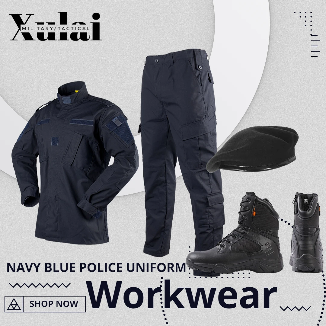 Men's Sets Navy Blue Police Uniforms Security Guards Uniform  Ribstop Navy Blue Police Hats With Beret Boots