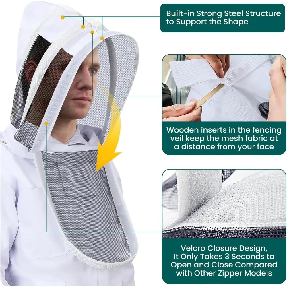 Bee Suit for Men Women Ventilated Sting Proof Beekeeping Suit with Veil Hood, Beekeeper Clothes Round and Fenncing Veil
