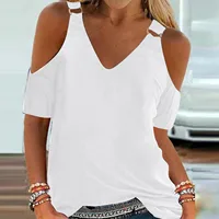 Short Sleeves Summer T-shirt Women Solid Metal Style Cold Shoulder Sexy V Neck Casual Slim Shirts Elegant Ladies Fashion Blouses - Image 3