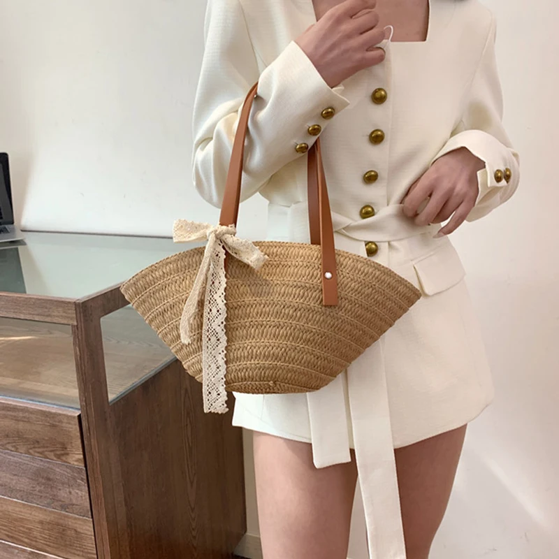 Weave Tote Bag Large Capacity Summer Beach Straw Ribbon Handbag Purse Female Bohemian Shoulder Bag for Women Ladies Travel Bag