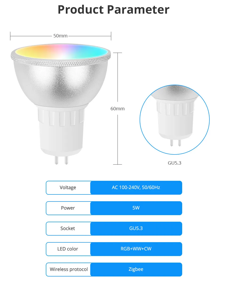 Zigbee GU5.3 Smart LED Spotlight RGBCW Dimmable Light Bulb Work with Tuya Alexa