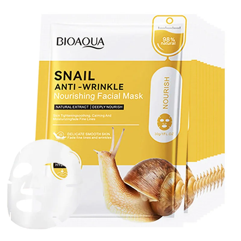 10pcs BIOAQUA Snail Face Mask skincare Moisturizing Brightening Anti-aging Anti Wrinkle Facial Masks Face Sheet Mask Skin Care 10pcs 5pairs hot sale bioaqua crystal collagen eye mask sticker anti aging anti puffiness dark circles moisturizing eye care