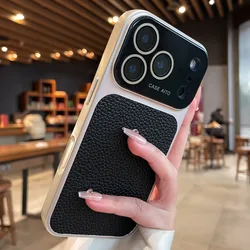 Premium Litchi Leather Shockproof Armor Bumper Case with Large Window Cover - iPhone 15 (Black)
