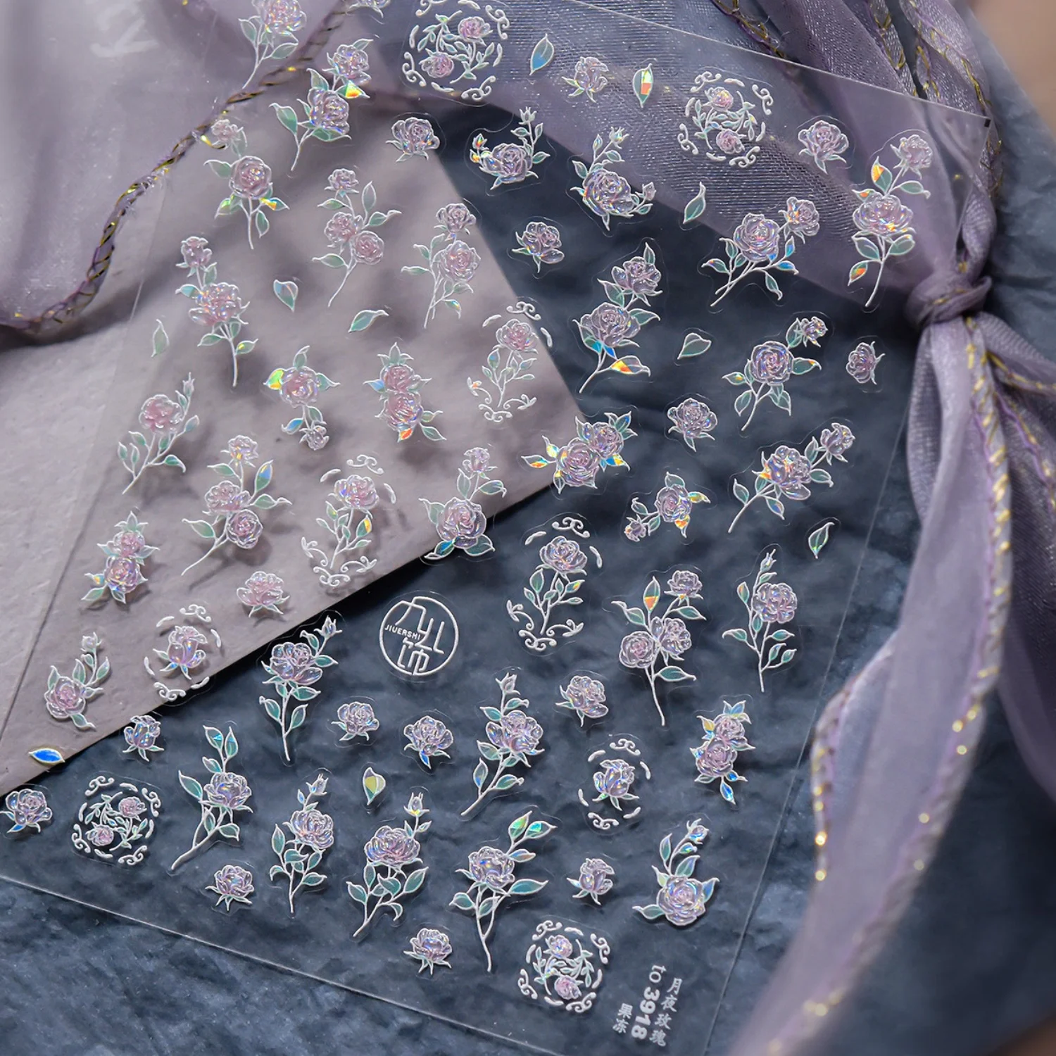 프랑스 로맨틱 로즈 네일 스티커 5D 레이저 핑크 퍼플 그라데이션 플라워 바인 라운드 필리그리 프레임 슬라이더 셀프 접착 데칼