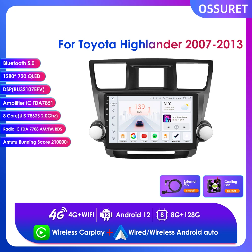 

Carplay умные автомобильные системы для Toyota Highlander 2007- 2013 Android 12 Радио мультимедийный плеер навигация GPS Стерео Bluetooth 4G