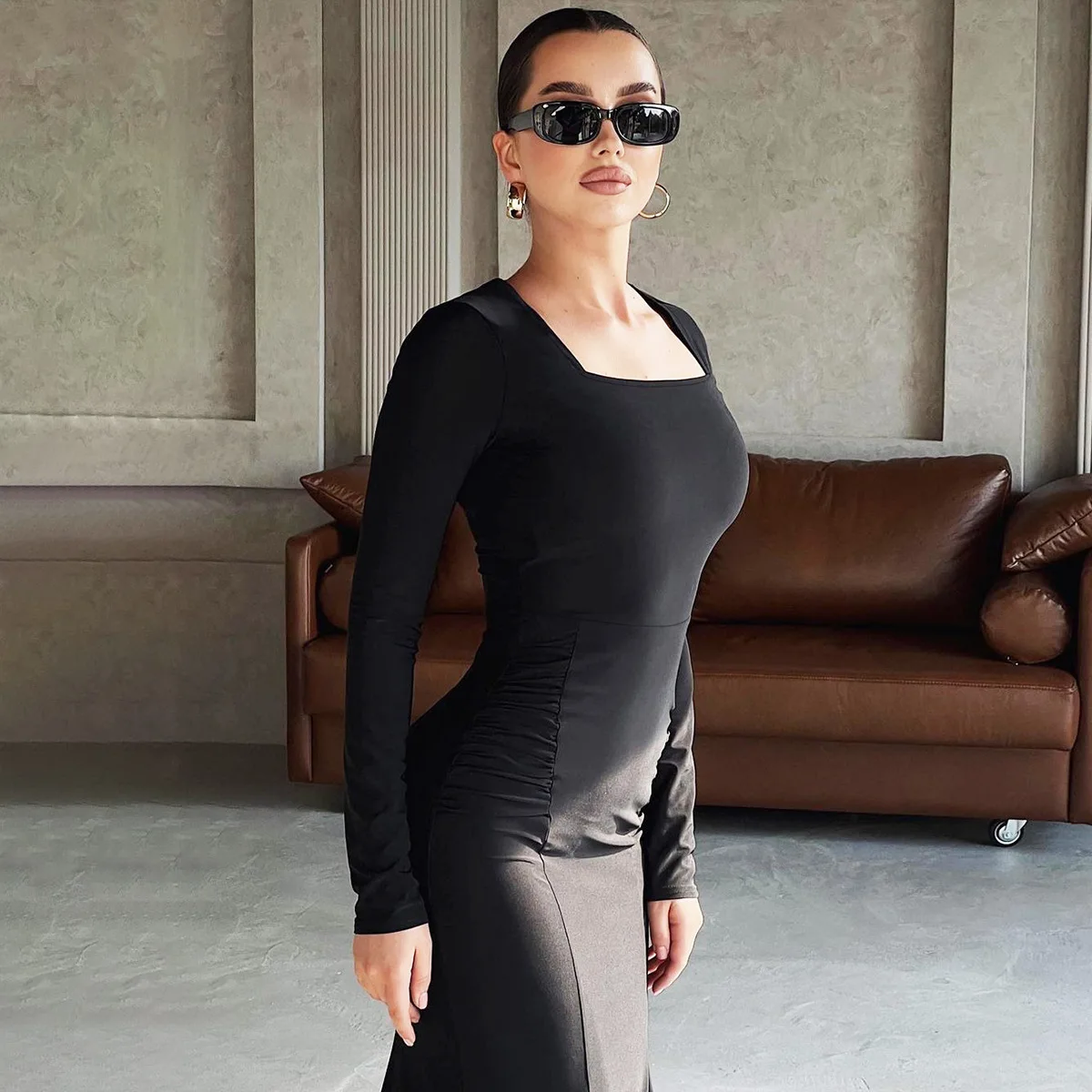 Autumn Fashion Black Maxi Dress Women's Square Collar High Waist Slim Elegant Party Dress Gown Female Solid Long Dress New