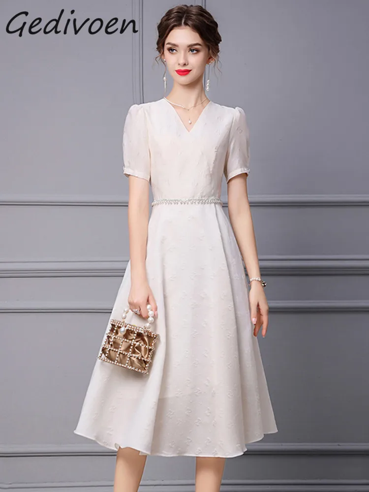 

Gedivoen Summer Fashion Designer Jacquard Midi Dress Women's V-Neck Beading Diamond High Waist Slim A-Line Vintage Beige Dress