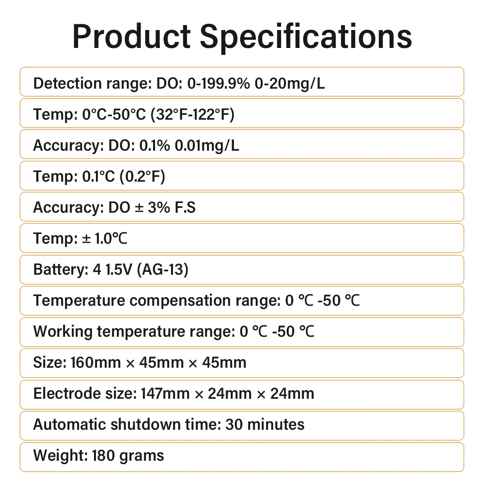 Portable Dissolved Oxygen Meter DO Tester with Replaceable Probe ATC 0-20mg/L Wa