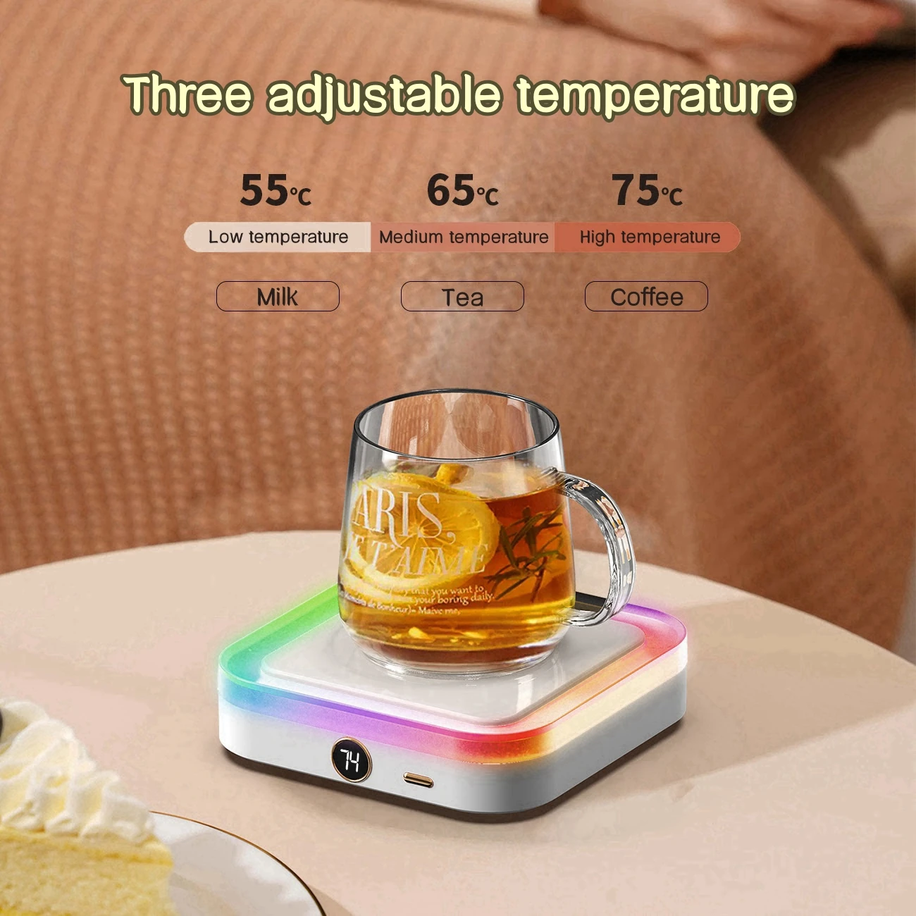 DC5V USB Coffee Mug Warmer 3 Gear Temperature Cup Warmer Heating Coasters Plate Pad for Tea Water Milk with Colorful Night Light zaful women s sexy solid color two piece swimwear textured adjustable spaghetti strap triangle tied tanga string bikini set s light coffee