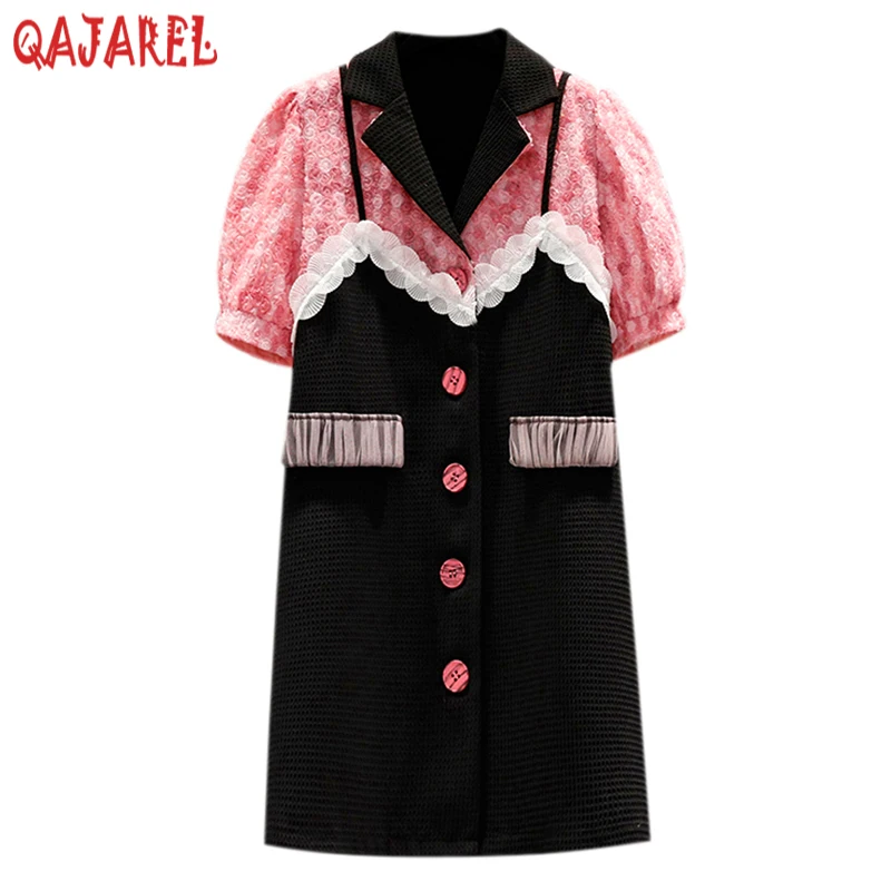 

Summer Black Patchwork Pink Jacquard Mini Dress Women Korean Vintage Hepburn Casual Dress 2023 Elegant Bodycon Office Lady Dress
