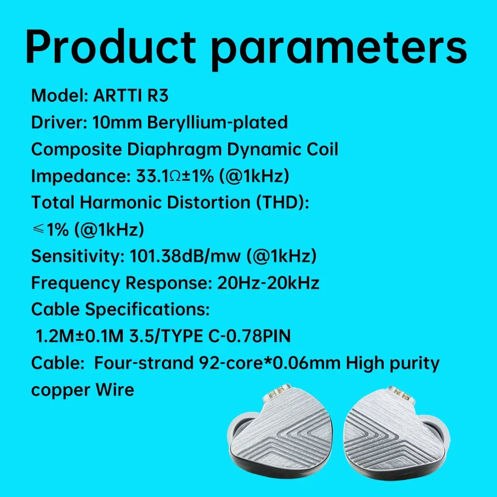 ARTTI R3 In-ear Earphone 10mm Beryllium-plated Dynamic Driver Monitor HIFI Earphone, Detachable 0.78 2pin/Type-c Connector Cable 5