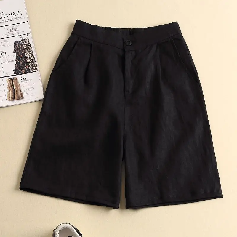 Summer New Fashion Solid Color High Waist Pockets Knee Length Pants Women Elastic Waist All-match Cotton Hemp Straight Shorts