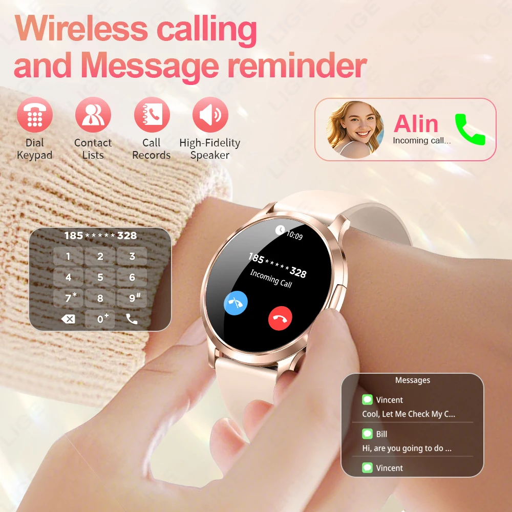 LIGE Women Smart Watch AMOLED Screen Watches Ladies Heart Rate Sleep Monitor Sports Fitness Bracelet Smartwatch for Android iOS