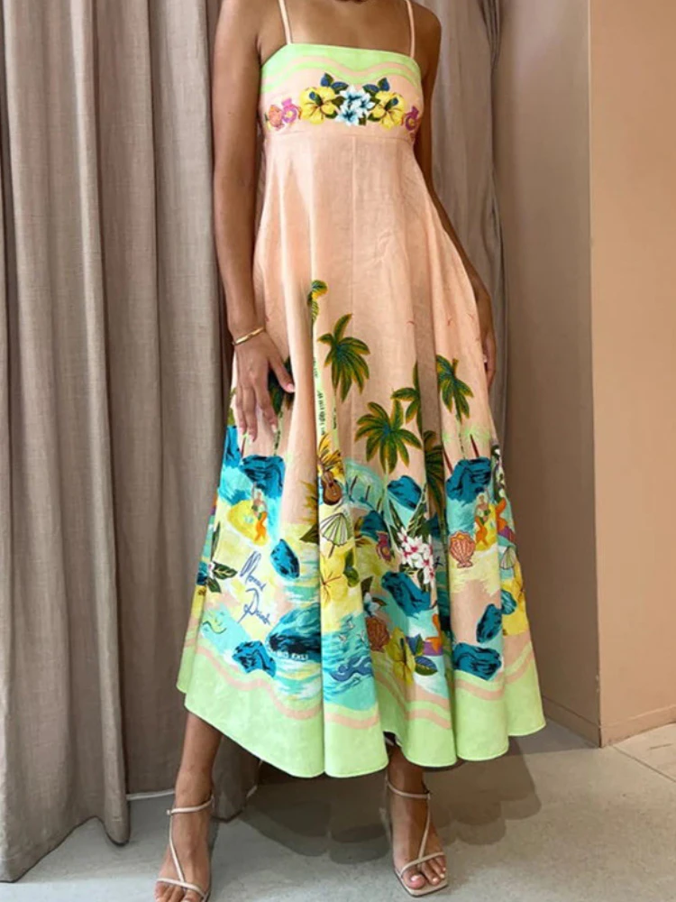 

Print Casual Slip Dress 2024 New in Summer Elegance Casual Loose A-line Midi Dress Backless InsLoose High-Waisted Holiday Dress