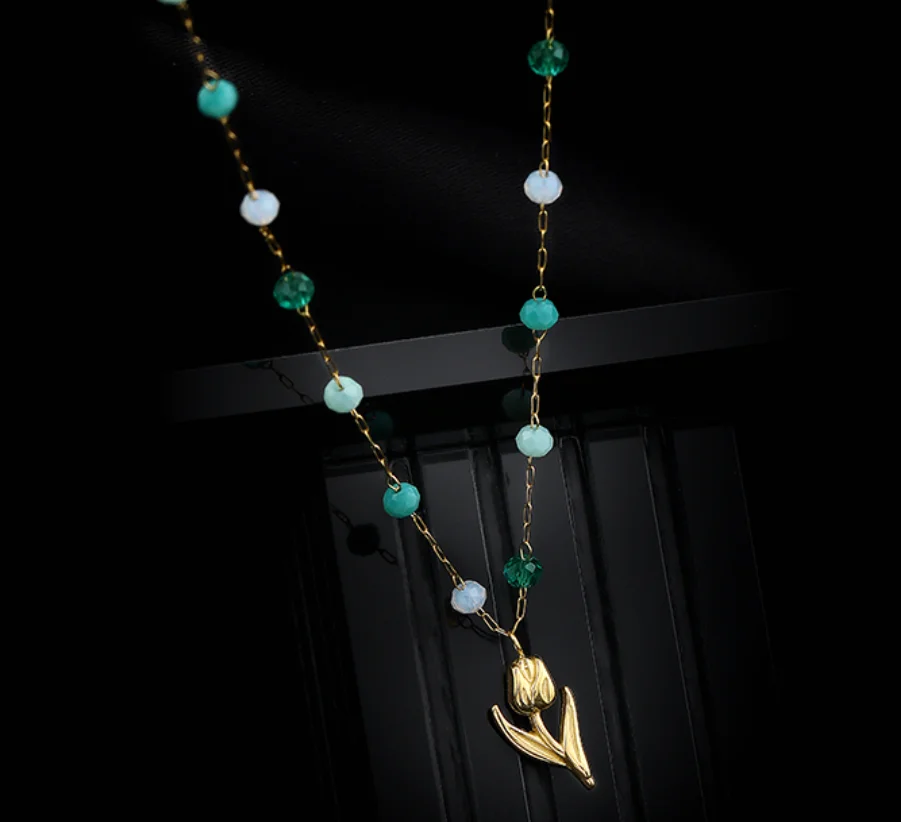 Simple tulip pendant imitation crystal titanium steel necklaces for women 2023 fashion jewelry