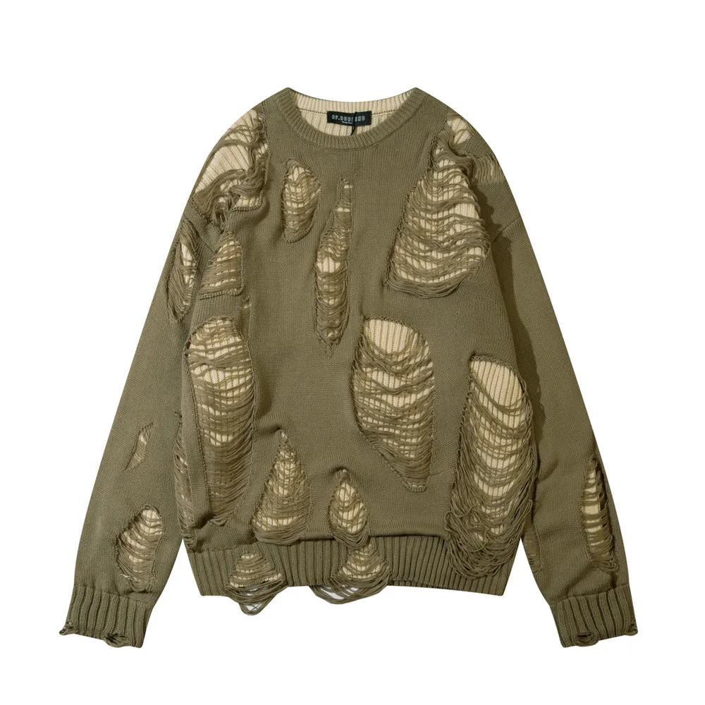 

2022 Men Streetwear Hollow Out Ripped Sweater Retro Vintage Hip Hop Knitted Sweater Autumn Solid Distressed Pullover Sweater