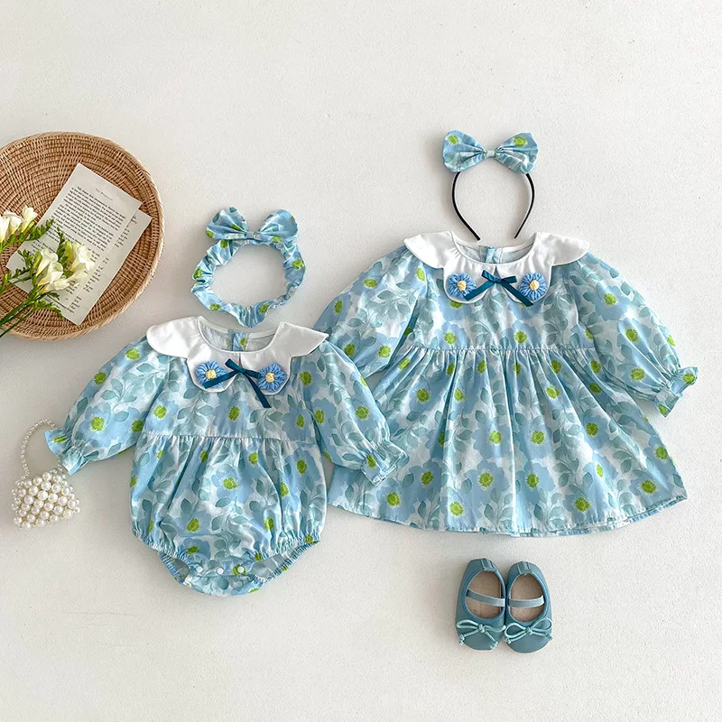 Blau Gedruckt Mädchen Kleid Baumwolle Baby Mädchen Kleider Neugeborenen Blume Drehen Unten Kragen Strampler Herbst Nette Bodys Kleidung – Detail 7