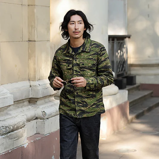 Tiger Stripe Camo 100% cotone American Patterned Camouflage primavera autunno Y2k camicie da lavoro multitasche da uomo giacche Amekaj - immagine 4