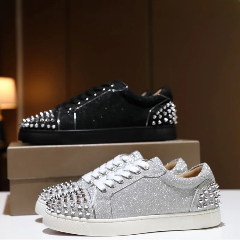 

Designer luxury men's and women's low-top men's shoes red bottom flash powder silver rivets black sequin leather large size coup