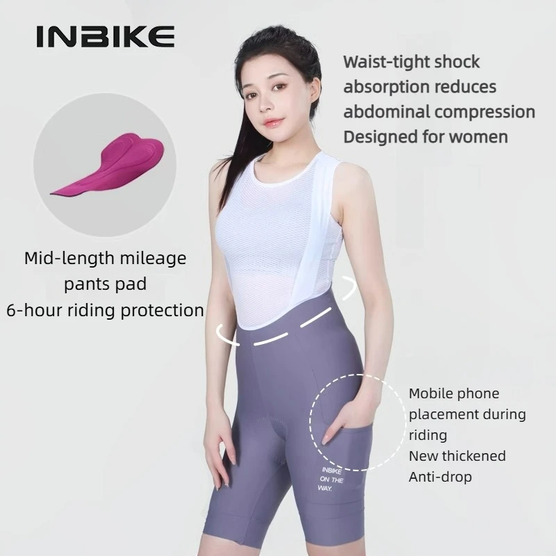 INBIKE Women's High-waisted Cycling Bib Shorts Upgraded Padded Sport Shorts With Multi-functional Pockets For Bicycle Riding