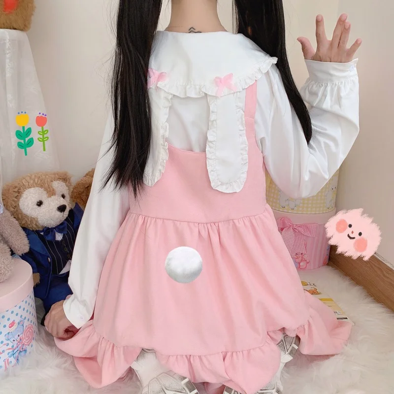 

Japan Autumn Kawaii Lolita Two-piece Suit Cosplay Loli Bow Rabbit Ears Shirt Sweet Girl Sleeveless Ruffles Suspender Dress Cute