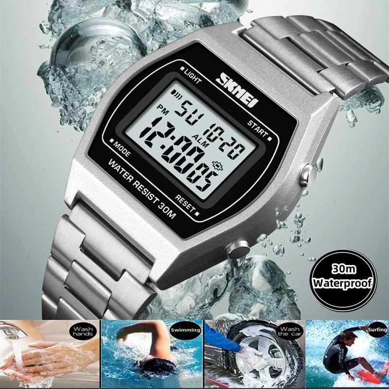Skmei Unisex Digital Sport's Watches Stainless Steel Strap Led Waterproof 12/24 Hour Format Electronic Alarm Clock 5