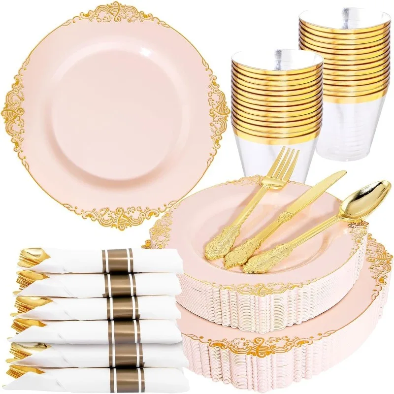 Plastic Plates 175PCS Disposable Party Plates & Pre Rolled Napkins with Cutlery for 25 Guests Plates Silverware Cups Napkin plastic tableware set