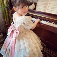 2024 Summer New Girls Princess Dress Full Print Flowers Puff Sleeve Bow Mesh DresseTutu Birthday Party Gown For 2-12 Years Kids