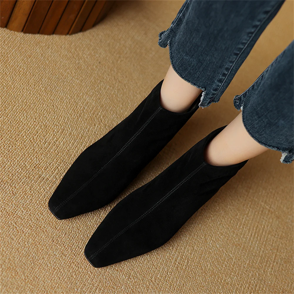 Plus size 34-42 women's natural suede leather back zip autumn flats ankle boots square toe casual female high quality short boot