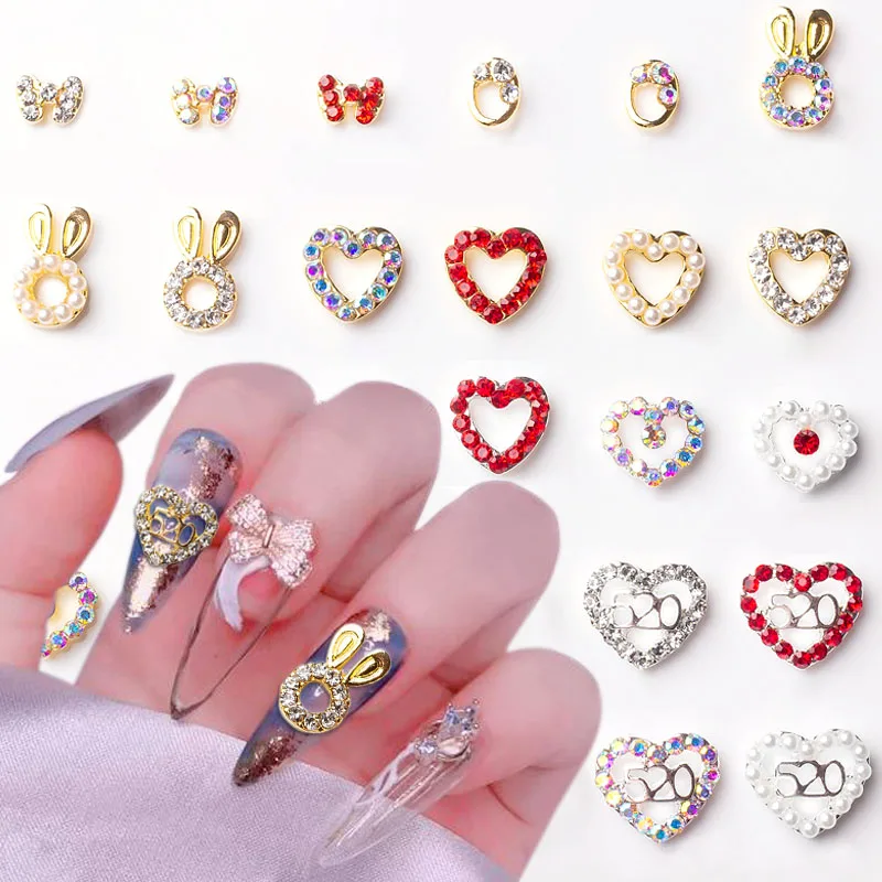 

10pcs Alloy Heart Nail Charms with Rhinestones for Nails 3D Rabbits Bows Nail Art Charms Metal Nail Jewels for Nail Art Supplies