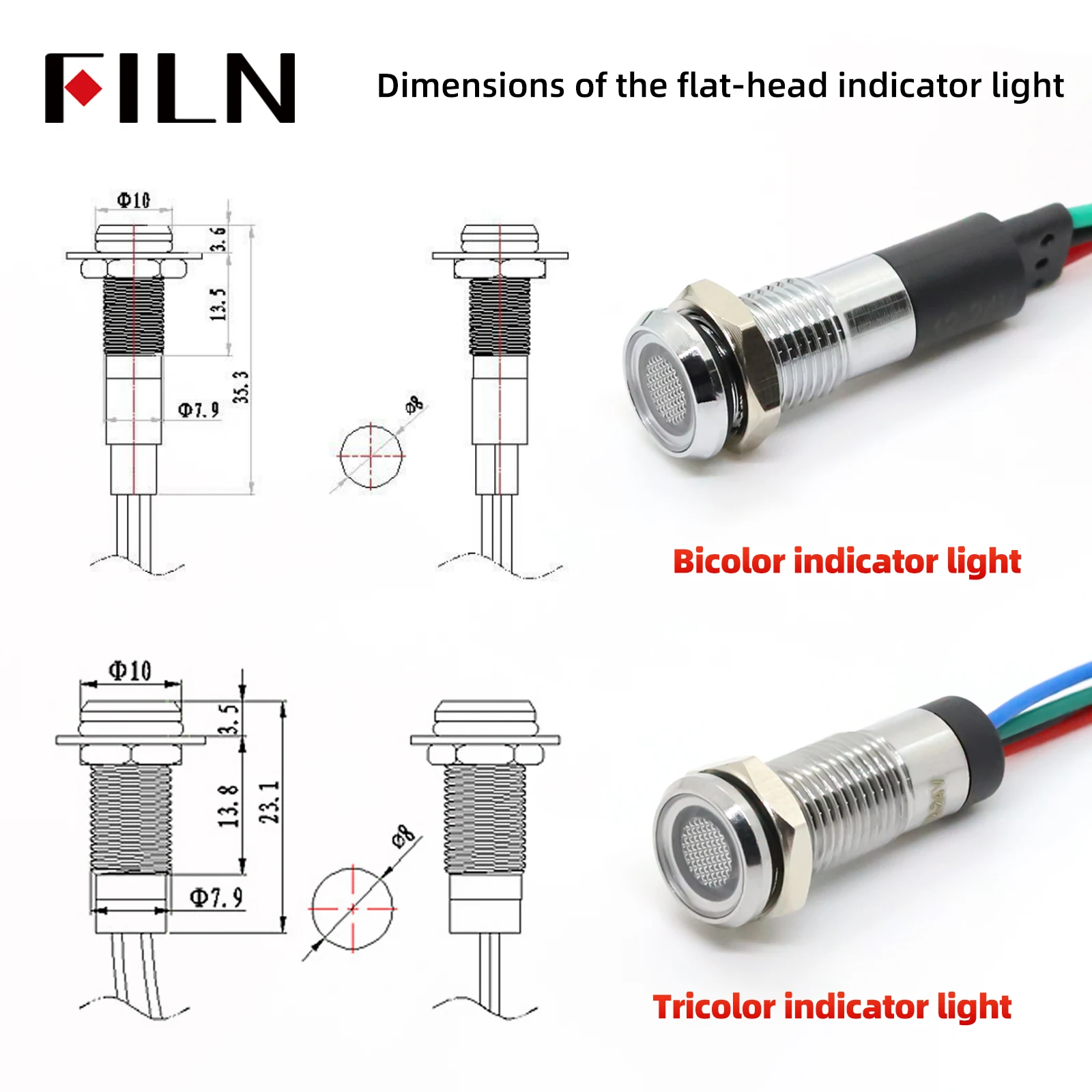 รูปสินค้า ไฟแสดงสถานะ LED ขนาด 8 มม. หลายสี สำหรับระบบไฟฟ้า