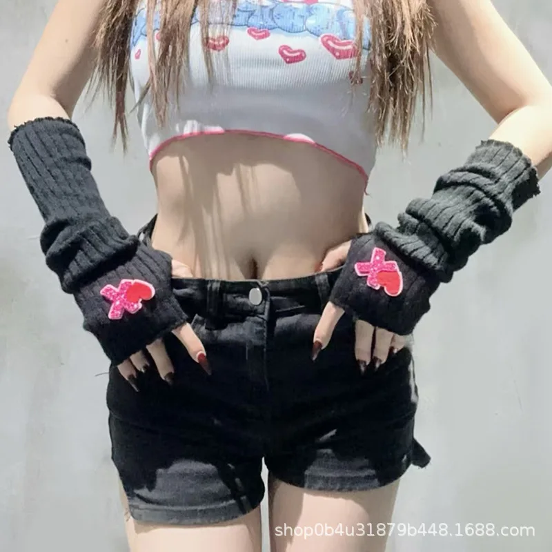 Punk subculture yarn arm sleeve top y2k millennium student autumn and winter new product sweet and spicy girl sleeve half finger
