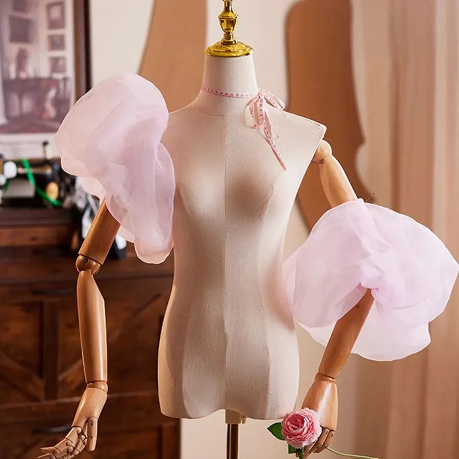 Mingli Tengda Fluffy ROTATOR CUFF Sleeves Pink Organza Bride Gloves For Wedding Covered Arms Accessories Bridal Glove Exaggerate