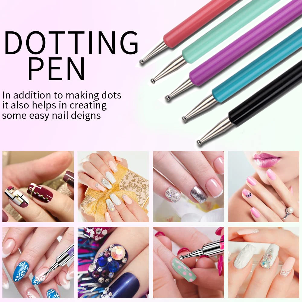5pcs/Set Dual-Ended Nail Art Dotting Pen Rhinestones Handle 3D UV Gel Liner Flower Pattern Drawing Painting Brush Manicure Tools 2