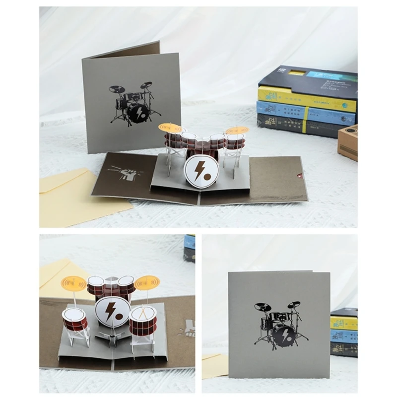3D Instrument Drum Greeting Card with Envelope Surprise Mysterious Paper Cards for Children Kids Girl Boy
