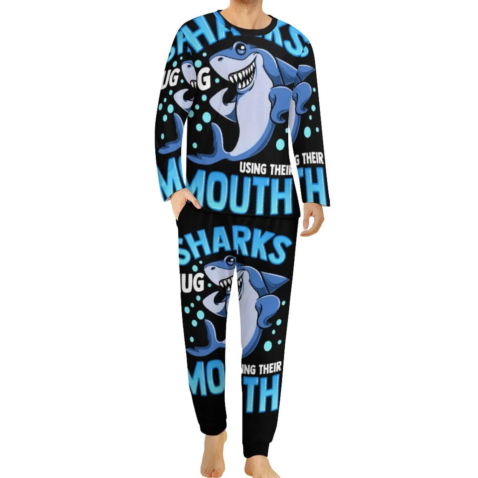 thumbnail image 1 of Pijama de tiburón divertido, conjunto de pijama de 2 piezas con estampado de vida marina de manga larga para hombre, ropa de dormir romántica de gran tamaño con gráficos de otoño, 1 of 5