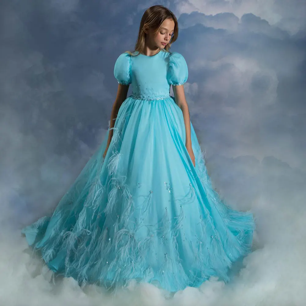 

Jill Wish Luxury Turquoise Dubai Girl Dress Beaded Feathers Arabic Princess Baby Kids Wedding Birthday Party Ball Gown 2024 J380
