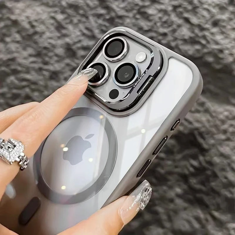Premium Transparent Magnetic Wireless Charging Case with Metal Stand and Glass Lens Protection