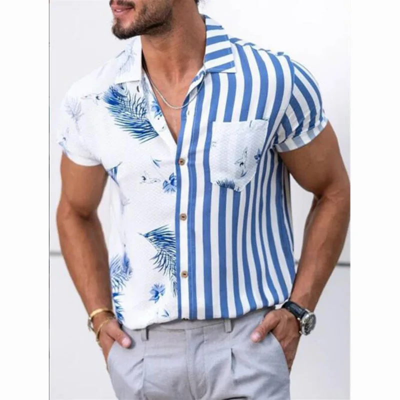 Men's Shirts Summer Fashion Trend Striped Floral Contrast Splicing Printed Hawaiian Beach Holiday Casual Short Sleeve Shirts