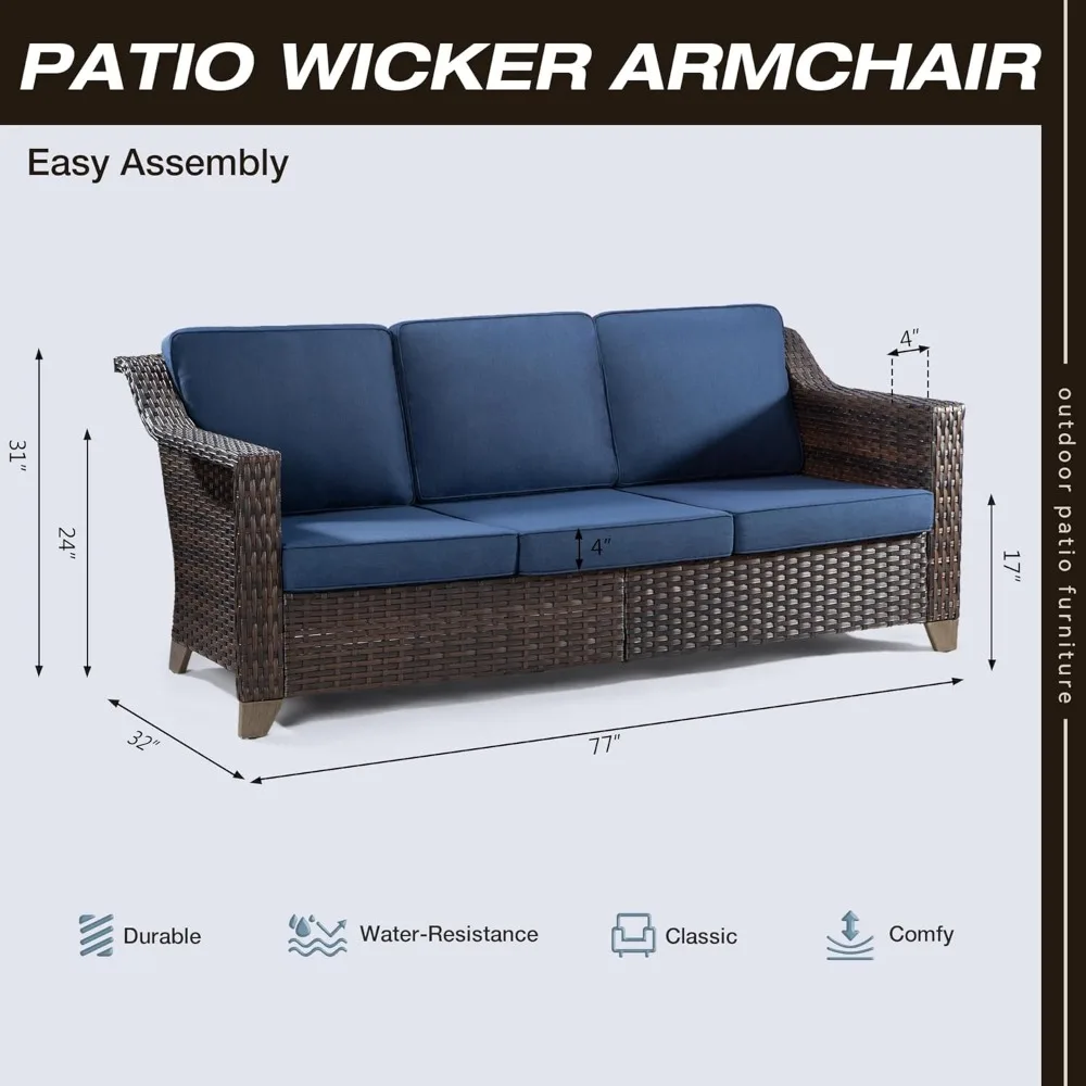 Patio Sofa, All Weather Outdoor Rattan Wicker 3-Seat Sofa High Back Couch with Premium Cushions for Garden Backyard Porch 2