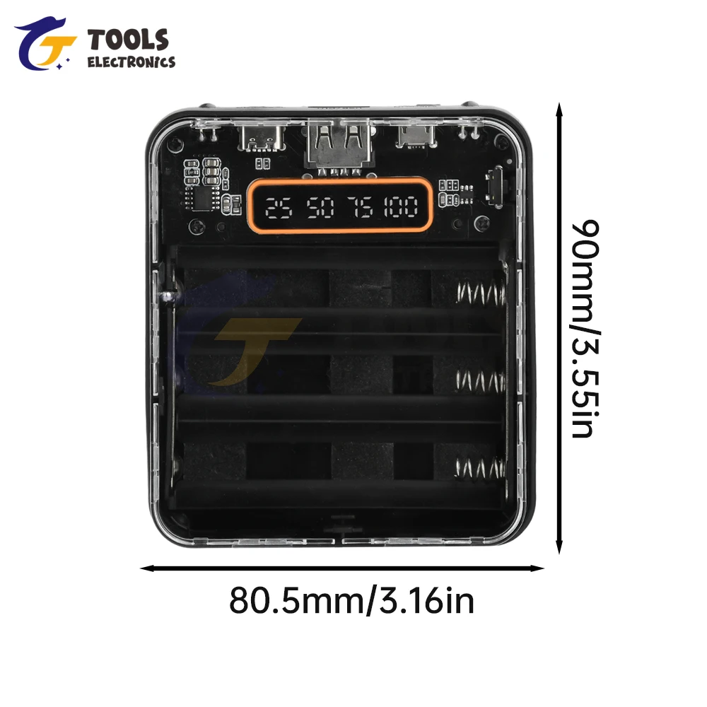 Transparent Power Bank Case 3 x 18650 Battery Box Cable DIY Charging Treasure No Soldering Digital Display