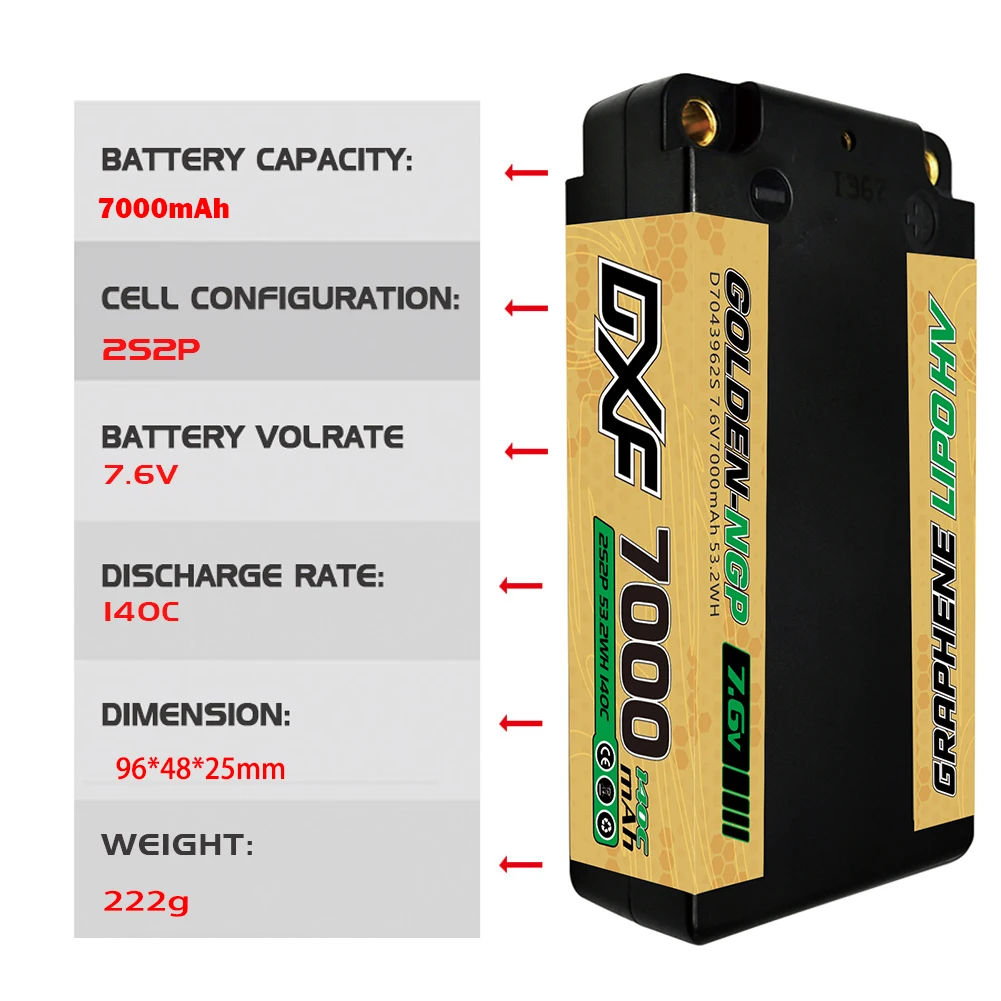Vue rapprochée d'une batterie LiPo 2S 7.4V 1400mAh, étiquette et connecteur CT5MM détaillés.